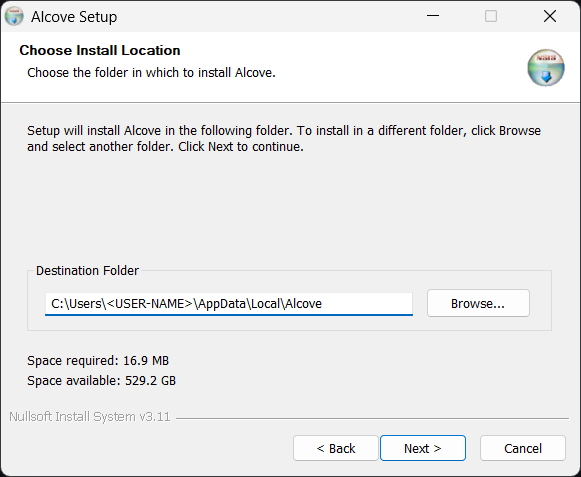 Alcove installer install location selection